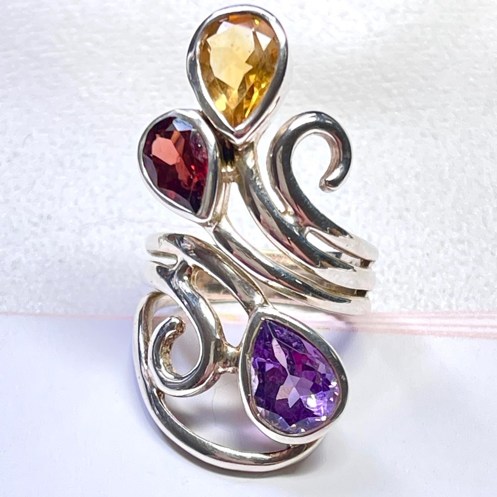 Gemstone Statement Ring Garnet Citrine Amethyst Teardrops Sterling Silver